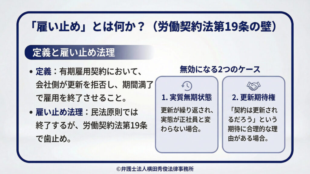 労働契約法第19条 実質無期雇用状態 更新期待権があると無効
