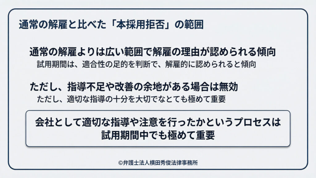 通常の解雇理由よりは広い範囲で認められる傾向 指導不足や改善の余地があると無効となることも