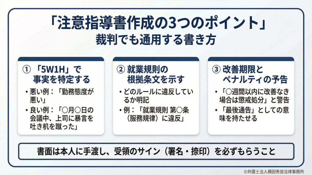 注意指導書作成のポイント　５W1Hで事実を特定　就業規則の根拠条文を示す　改善期限とペナルティの予告　署名押印は必須