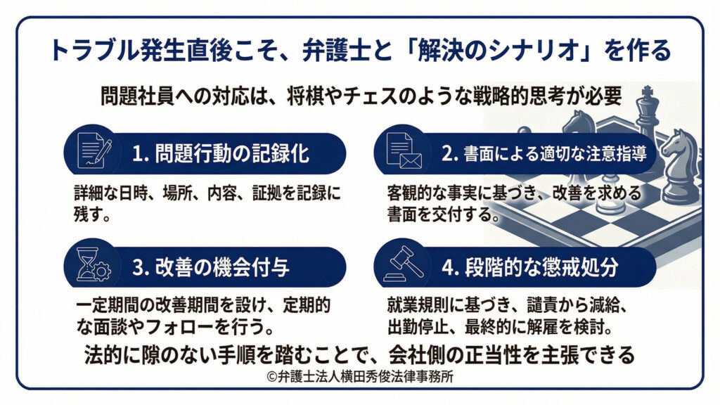 弁護士と解決のシナリオを作る　問題行動の記録化　書面による適切な注意指導　改善の機会付与　段階的な懲戒処分