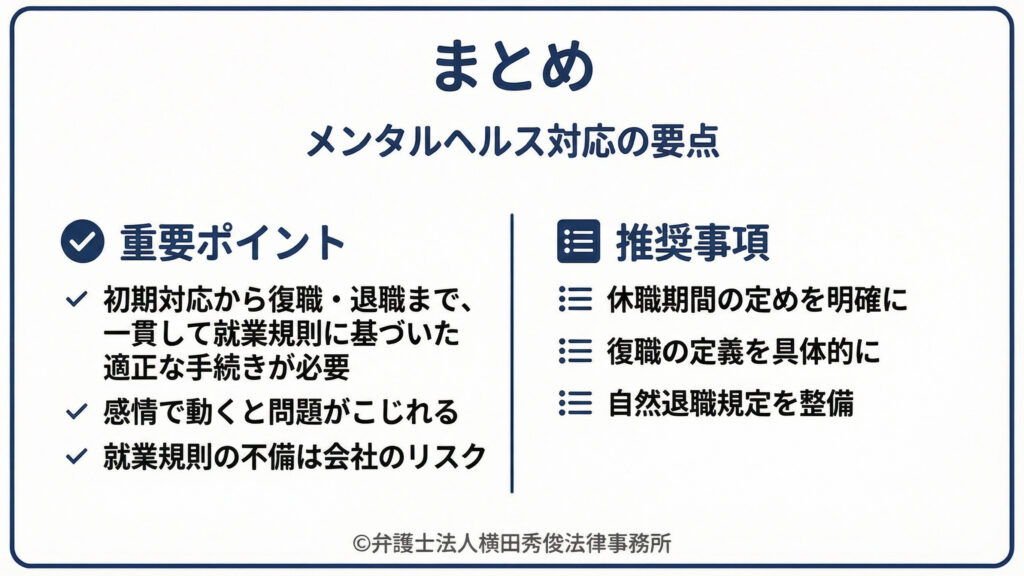 まとめ　就業規則に基づいた適正な手続き　
休職期間の定めを明確に　復職の定義を具体的に　自然退職規定を整備