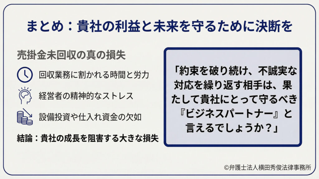 売掛金未回収の真の損失　時間と労力　精神的なストレス　設備投資や仕入れ資金の欠如
