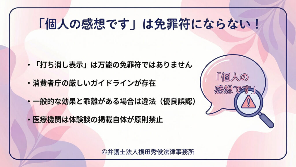 見出し「『個人の感想です』は免罪符にならない！」。左に箇条書きで、打ち消し表示は万能ではなく消費者庁の厳しいガイドラインがあると説明。一般的な効果と乖離があれば優良誤認で違法、医療機関は体験談掲載自体が原則禁止と注意する。右に吹き出しと警告マークの虫眼鏡イラスト。小さな注意喚起でも誤認を打ち消せない場合がある点を示す。