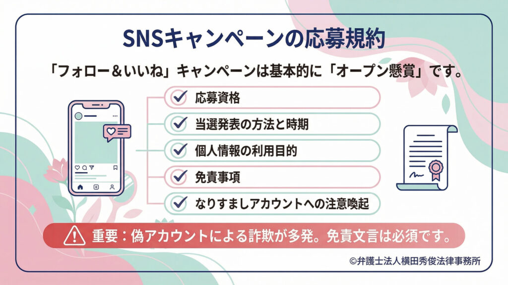 「SNSキャンペーンの応募規約」。フォロー&いいね型は基本的に「オープン懸賞」と位置付け、規約に盛り込む要素として、応募資格、当選発表の方法と時期、個人情報の利用目的、免責事項、なりすましアカウントへの注意喚起をチェック項目で列挙。下部に「偽アカウントによる詐欺が多発。免責文言は必須」と赤帯で強調している。