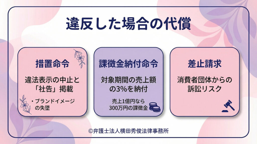 見出し「違反した場合の代償」。３つのカードで、措置命令（違法表示の中止と社告掲載、ブランドイメージ失墜）、課徴金納付命令（対象期間売上額の３％、売上１億円なら３００万円の課徴金）、差止請求（消費者団体からの訴訟リスク）を整理して示し、違反のコストを具体化する。背景は淡色花柄。行政対応だけでなくレピュテーション面の損失も想起させる構成。