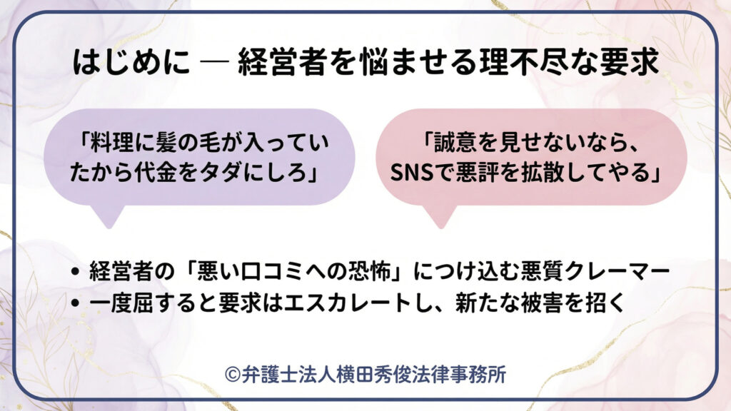 「はじめに―経営者を悩ませる理不尽な要求」。料理への異物混入を口実に無料要求、誠意がなければSNSで拡散と脅す例を提示。悪い口コミ恐怖につけ込み、譲歩すると要求がエスカレートすると注意。