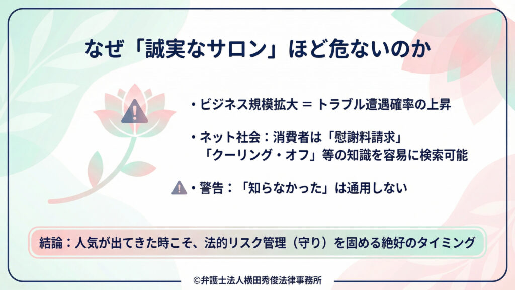 「なぜ誠実なサロンほど危ないのか」。規模拡大でトラブル遭遇率増、消費者知識は検索で容易、知らなかったは通用せず。結論は守り強化。