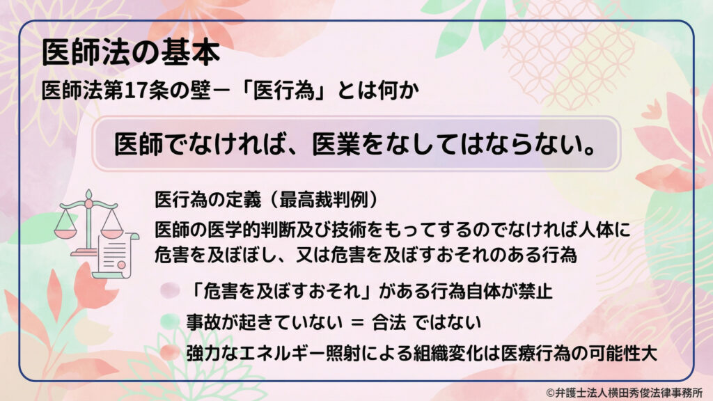 医師法の基本。第１７条「医師でなければ医業不可」。医行為は危害のおそれがある行為も含み、事故がなくても違法になり得ると説明。