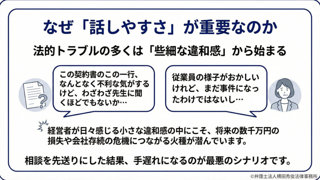 なぜ「話しやすさ」が重要か。法的トラブルの多くは些細な違和感から始まる。契約書の一行が不利に感じるが相談すべきか迷う、従業員の様子が気になるがまだ事件ではないなどの例。小さな違和感の中に将来の大きな損失や存続危機につながる火種が潜み、相談の先送りによる手遅れが最悪のシナリオ。