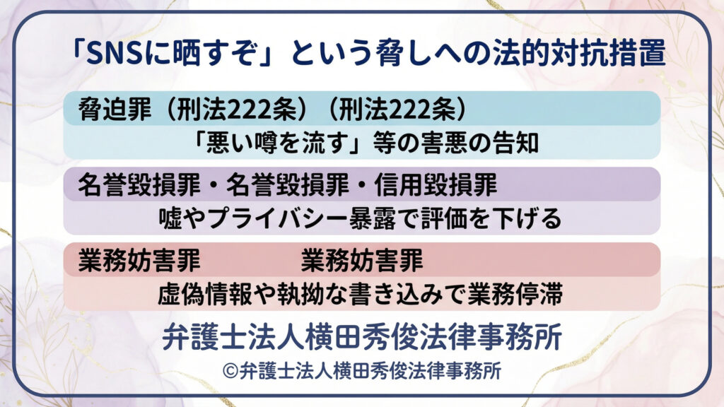 「『SNSに晒すぞ』という脅しへの法的対抗措置」。害悪告知は脅迫罪(刑法222条)に触れ得る旨を示し、嘘やプライバシー暴露での名誉・信用毀損、虚偽情報や執拗投稿による業務妨害の可能性を整理。