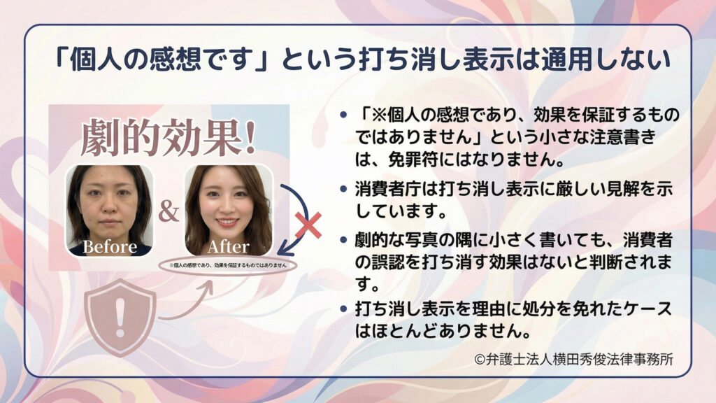 見出し「『個人の感想です』という打ち消し表示は通用しない」。左に劇的効果のBefore/After例と×印、右に注意書きは免罪符にならない、消費者庁は打消しに厳しい、写真の隅の小文字では誤認は解消されない等を箇条書き。