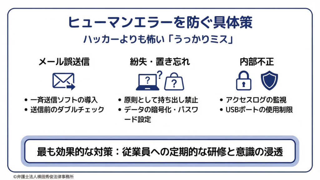 ヒューマンエラーを防ぐ具体策　メール誤送信　紛失・置き忘れ　内部不正