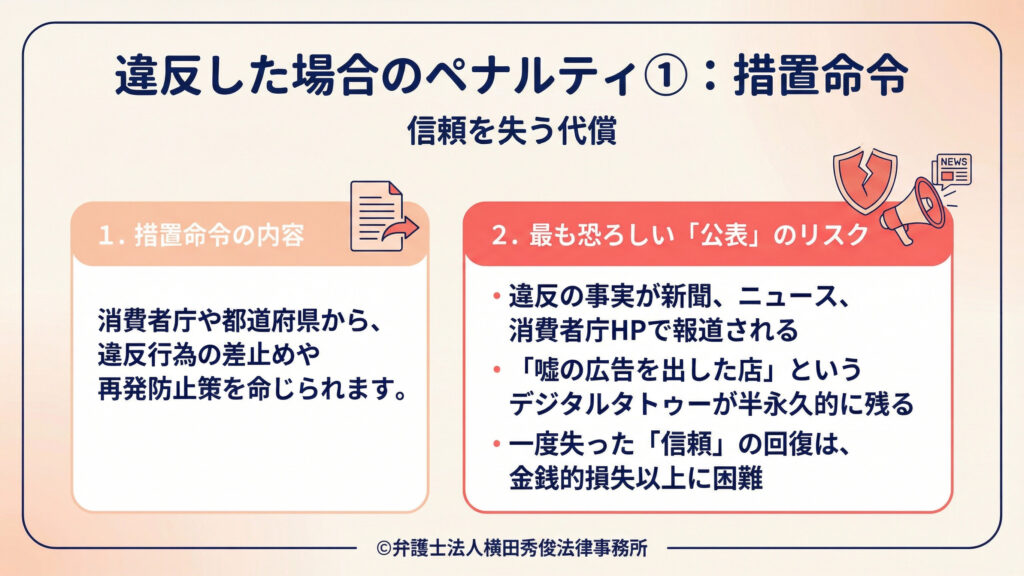 （ペナルティ①：措置命令）
違反時のペナルティとして措置命令を説明。消費者庁・都道府県が違反行為の差止めや再発防止策を命じる旨を記載。特に「公表」リスク（新聞・ニュース・消費者庁ＨＰで報道、デジタルタトゥーが残る）を強調し、信頼回復が金銭的損失以上に困難と注意喚起。