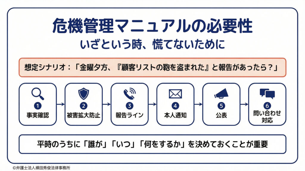 危機管理マニュアルの必要性　①事実確認　②被害拡大防止　③報告ライン　④本人通知　⑤公表　⑥問い合わせ対応