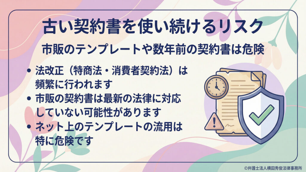 古い契約書を使い続けるリスク。市販テンプレートや数年前の契約書は、特商法・消費者契約法の改正に対応していない可能性がある。ネット上テンプレの流用は特に危険と警告。契約書と盾、注意マークの図。
