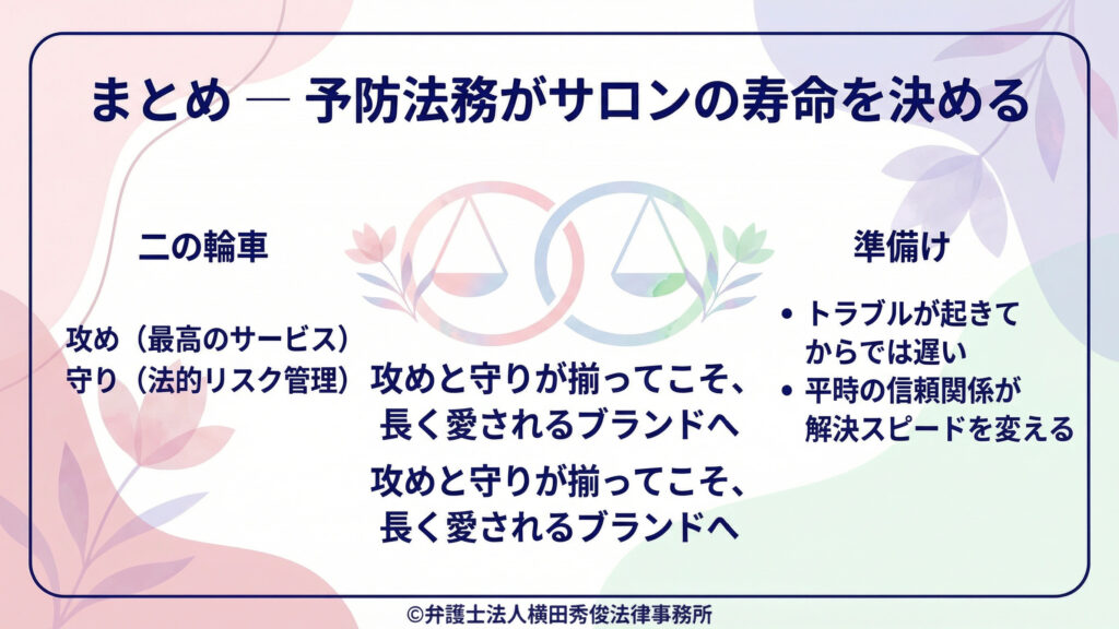 「まとめ―予防法務がサロンの寿命を決める」。攻め(最高のサービス)と守り(法的リスク管理)の両輪を提示。トラブル後では遅く、平時の準備が鍵。