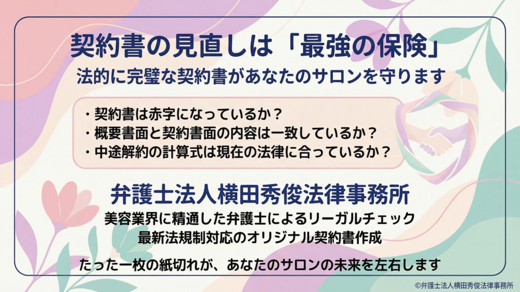 締めの訴求スライド。契約書の見直しは「最強の保険」とし、法的に完璧な契約書がサロンを守ると説明。チェック項目は、赤字表示、概要書面と契約書面の一致、中途解約計算式の適法性。事務所名と握手のイラスト。