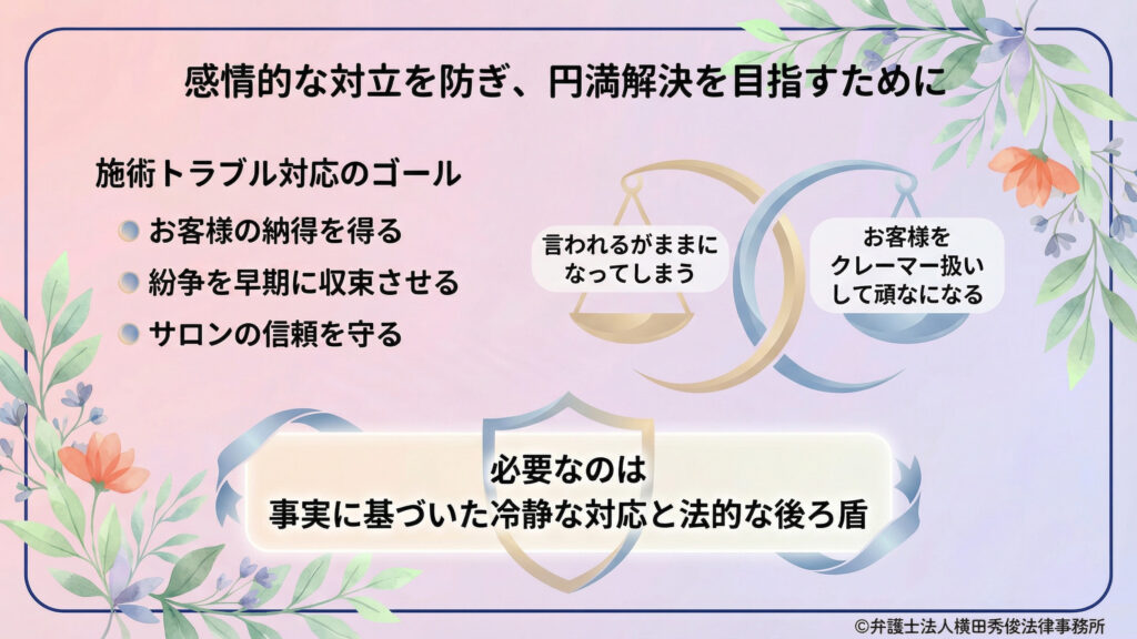 感情的対立を防ぎ円満解決へ。施術トラブル対応のゴールは、お客様の納得、早期収束、サロンの信頼維持。言われるがままだと紛争長期化し、逆に強硬だとクレーマー扱いで対立が深まる。必要なのは事実に基づく冷静対応と法的後ろ盾。