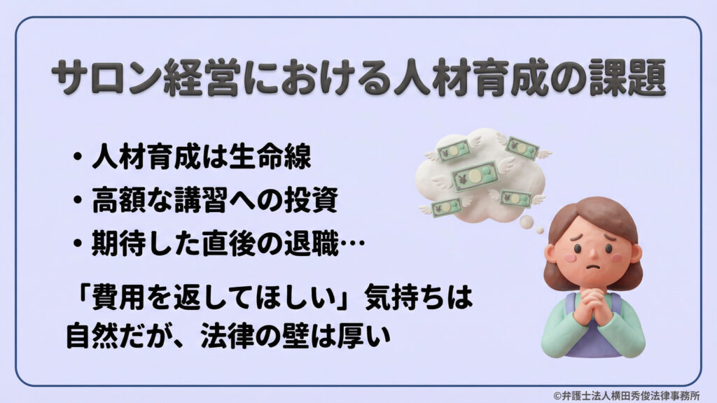 サロン経営における人材育成の課題をテーマにしたスライド。高額な講習費を投資した直後の従業員の退職に対し、「費用を返してほしい」という経営者の切実な悩みと、立ちはだかる法律の壁について、困惑する女性と空飛ぶお金のイラストを交えて紹介している。