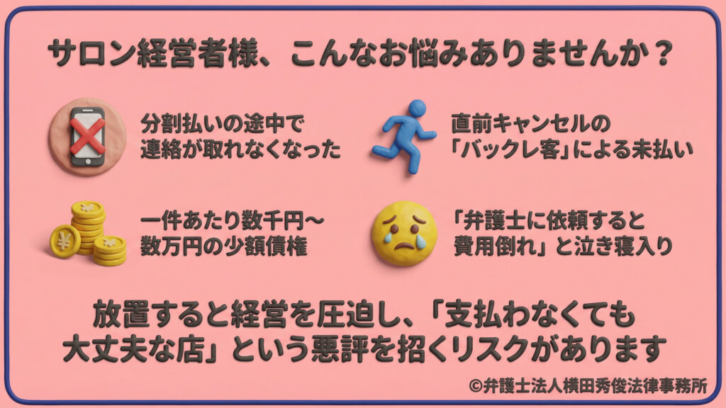 サロン経営者の悩み。分割払いの未払いや直前キャンセルの放置が、経営圧迫や「支払わなくても良い店」という悪評を招くリスクを警告。「弁護士に頼むと費用倒れになる」という泣き寝入り状態を、粘土風アイコンで表現。