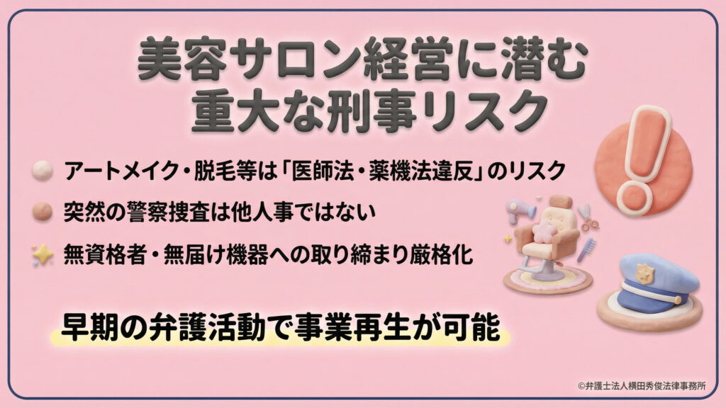 美容サロン経営における刑事リスクを警告する表紙。アートメイクや脱毛が医師法・薬機法違反になるリスク、警察捜査の可能性、無資格者への取り締まり強化を指摘。早期の弁護活動が事業再生の鍵であることを強調している。