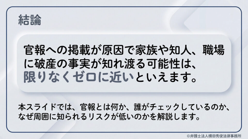 タイトルは「結論」。自己破産が官報に掲載されることで家族や職場に知れ渡る可能性は「限りなくゼロに近い」と強調されています。このスライドでは、官報とは何か、誰がチェックしているのか、なぜ周囲に知られるリスクが低いのかを解説することを予告しています。右下には弁護士法人横田秀俊法律事務所の署名。