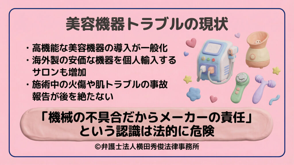 美容機器トラブルの現状。海外製機器の個人輸入増加に伴う火傷等の事故報告に触れ、「機械の不具合＝メーカー責任」という認識は法的リスクがあると警告。弁護士法人横田秀俊法律事務所の著作権表示と、3D調の美容機器イラスト。