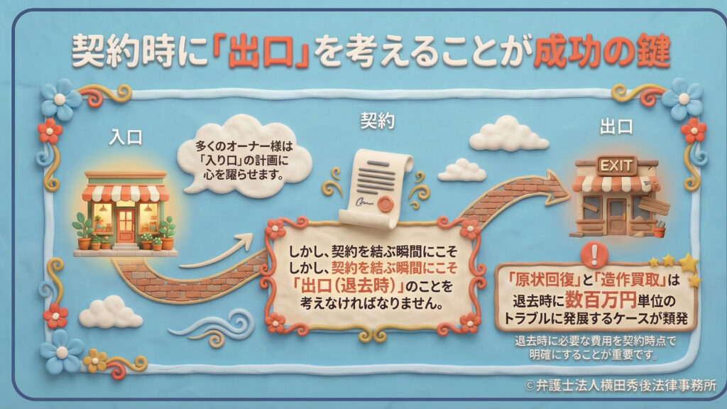 契約時の「出口戦略」の重要性を説く導入。店舗の「入口（開店）」だけでなく、「出口（退去）」を見据えた契約が成功の鍵であり、原状回復や造作買取で数百万円単位のトラブルが頻発するため、契約時点での明確化が重要と伝えている。