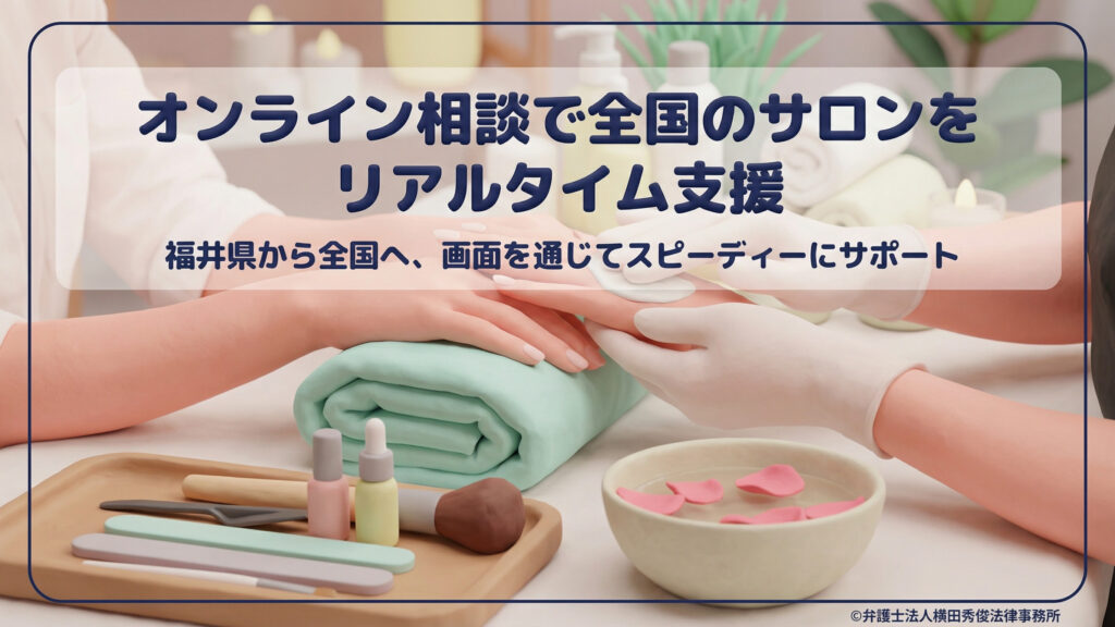 「オンライン相談で全国のサロンをリアルタイム支援」というキャッチコピーが中央にある表紙スライド。福井県から全国へ画面越しにスピーディーなサポートを行う旨が記されています。背景は、ネイリストが顧客の手をケアしている清潔感のある3Dイラストで、手元にはネイル道具や花びらの入ったボウルが並んでいます。
