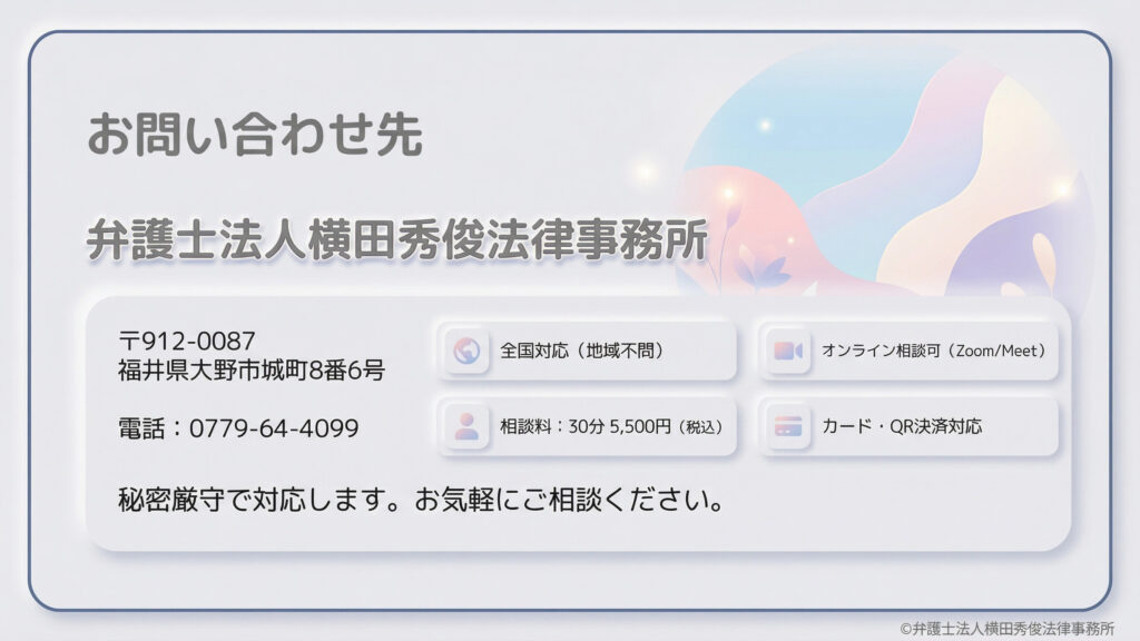「弁護士法人横田秀俊法律事務所」のお問い合わせ先。住所(福井県大野市)、電話番号、全国対応、オンライン相談可、相談料(30分5,500円)、カード・QR決済対応などの基本情報を掲載。背景には柔らかな色使いのグラフィックがあり、「秘密厳守で対応します。お気軽にご相談ください」と結んでいる。