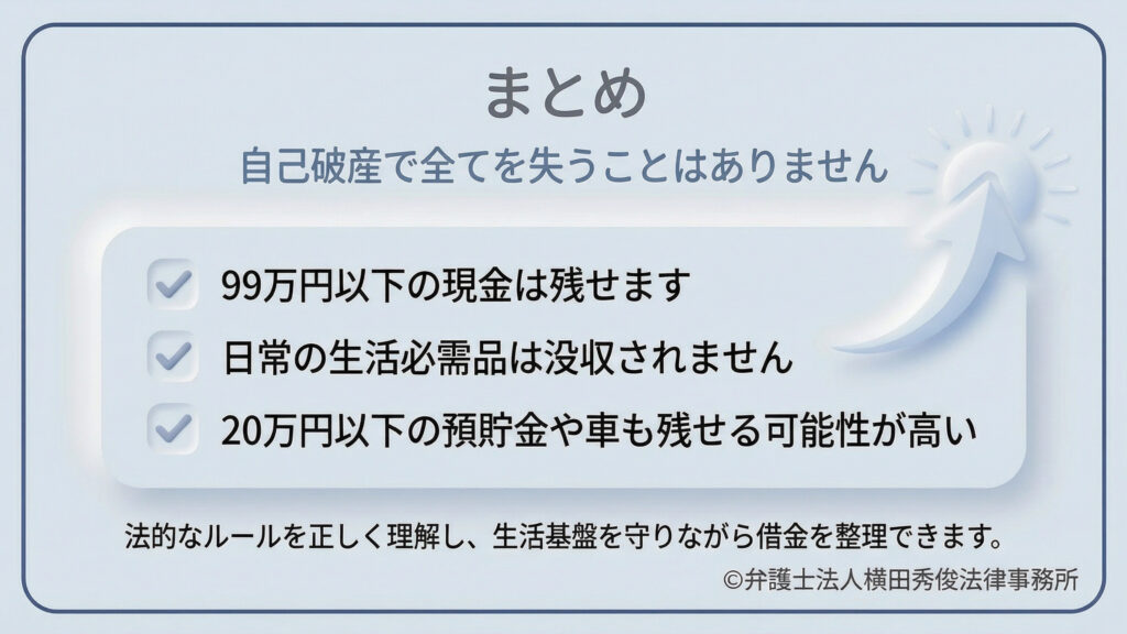 全体のまとめ。自己破産で全てを失うことはなく、99万円以下の現金、日常の生活必需品、20万円以下の預貯金や車は残せる可能性が高いと再認識。法的なルールを正しく理解すれば、生活基盤を守りながら借金を整理できると結論づけている。右端には、暗闇から太陽に向かって矢印が伸びる再起を象徴する図解がある。