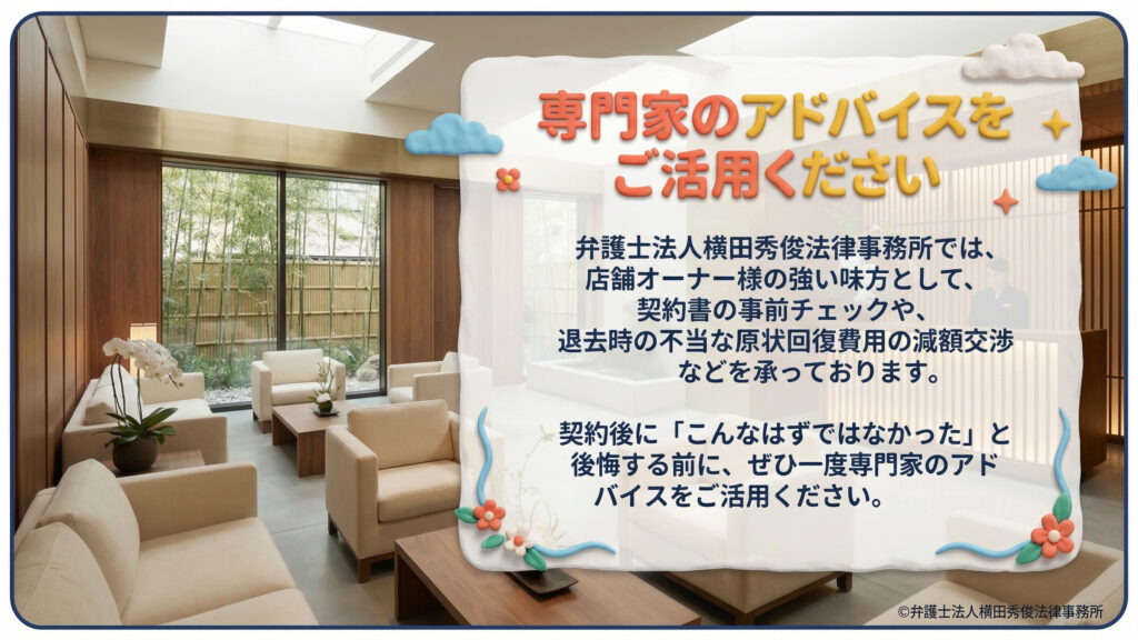 専門家への相談推奨。弁護士法人横田秀俊法律事務所による、契約書の事前チェックや不当な原状回復費用の減額交渉の案内。後悔する前に一度専門家のアドバイスを活用することを勧めている。