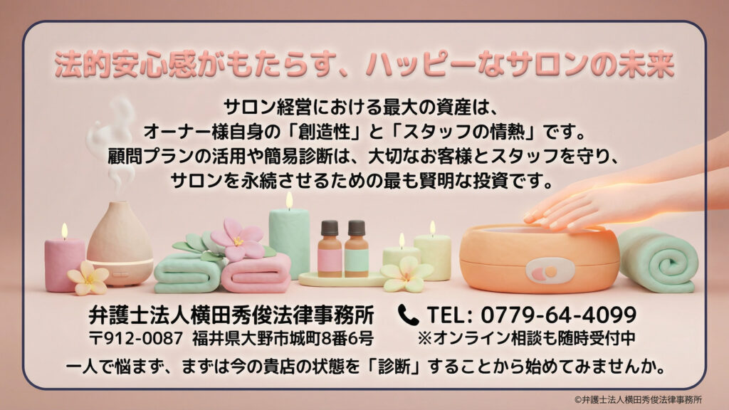 「法的安心感がもたらす、ハッピーなサロンの未来」と題した、シリーズの締めくくりとなるスライド。サロン経営の最大資産であるオーナーの「創造性」と「スタッフの情熱」を守るための投資として、顧問プランや簡易診断を提案しています。下部には「弁護士法人横田秀俊法律事務所」の名称、住所(福井県大野市)、電話番号、オンライン相談受付中の案内が記載されています。背景は、アロマディフューザー、キャンドル、タオル、エッセンシャルオイル、パラフィンバスなどが温かみのあるトーンで並ぶ3Dイラストです。