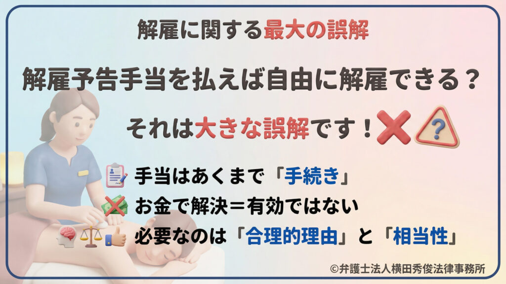 「解雇予告手当を払えば自由に解雇できる」という誤解を否定。手当はあくまで手続きであり、解雇の有効性には「客観的に合理的な理由」と「社会通念上の相当性」が必要であることを、天秤やバツ印のアイコンで解説しています。