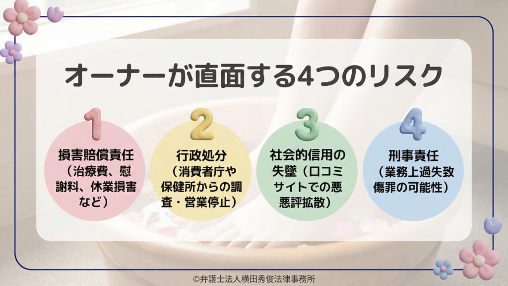 オーナーが直面する4つのリスクを解説。1.損害賠償責任、2.行政処分、3.社会的信用の失墜（口コミ拡散）、4.刑事責任（業務上過失致死傷罪）を挙げている。背景には足湯の画像とパステルカラーの数字アイコン。