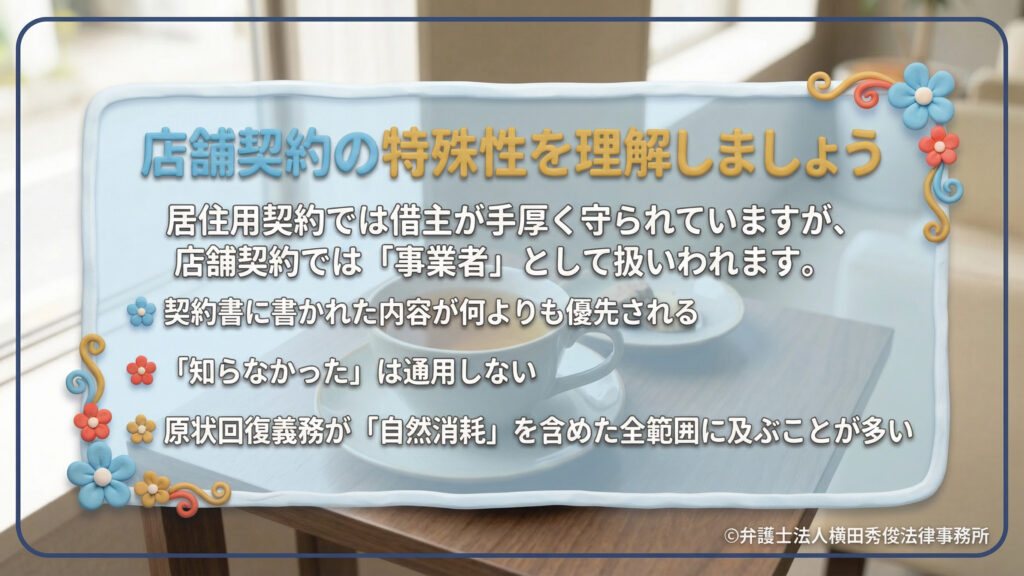 店舗契約の特殊性の解説。居住用と異なり店主は「事業者」として扱われる。契約書の内容が最優先され「知らなかった」は通用しないこと、原状回復義務は自然消耗を含む全範囲に及ぶことが多いという注意点を示している。