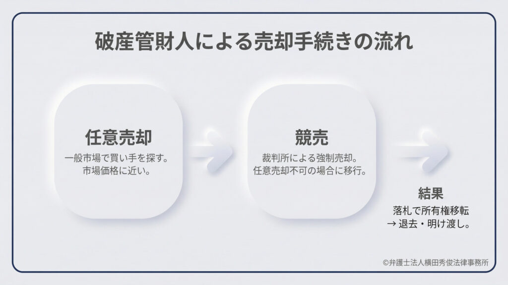 破産管財人による売却の流れを図解。まず、一般市場で市場価格に近い買い手を探す「任意売却」を試みます。任意売却が不可能な場合は、裁判所による強制売却である「競売」へ移行します。最終的な結果として、落札により所有権が移転し、居住者は退去・明け渡しを行う必要があることを示しています。