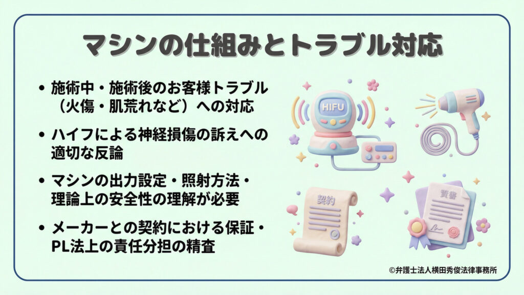 施術トラブルやマシンに関する法的対応を解説。火傷や肌荒れ、ハイフによる神経損傷の訴えへの適切な反論には、マシンの出力や理論上の安全性の理解が不可欠と説明。メーカーとの契約におけるPL法上の責任分担の精査も重要であることを、ハイフ機器や契約書の3Dイラストを用いて解説している。