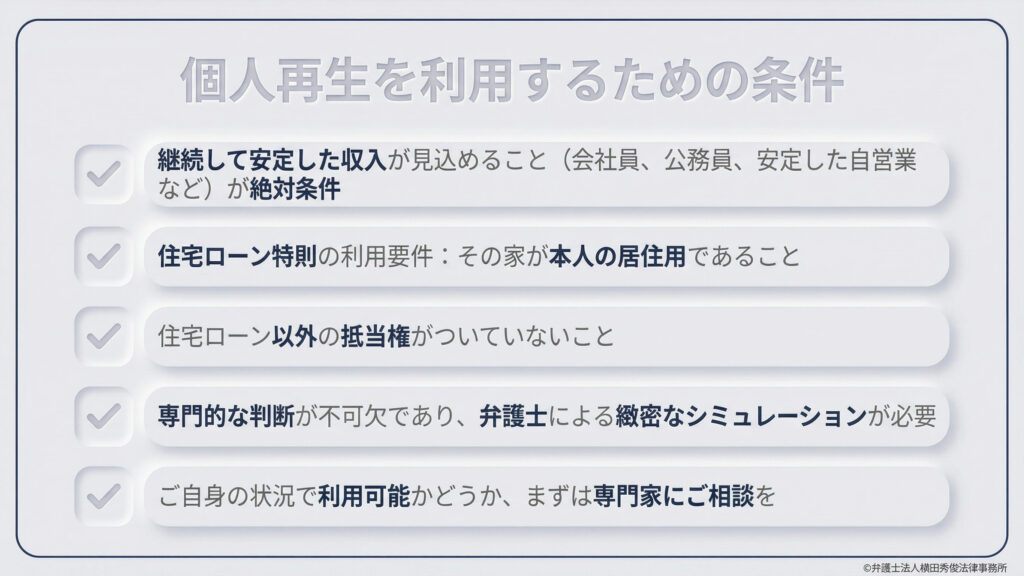 個人再生の利用条件を列挙。継続して安定した収入が見込めることが絶対条件です。住宅ローン特例の要件として、本人の居住用であること、住宅ローン以外の抵当権がついていないことを挙げています。専門的な判断が不可欠なため、弁護士による緻密なシミュレーションと相談が必要であることを説いています。