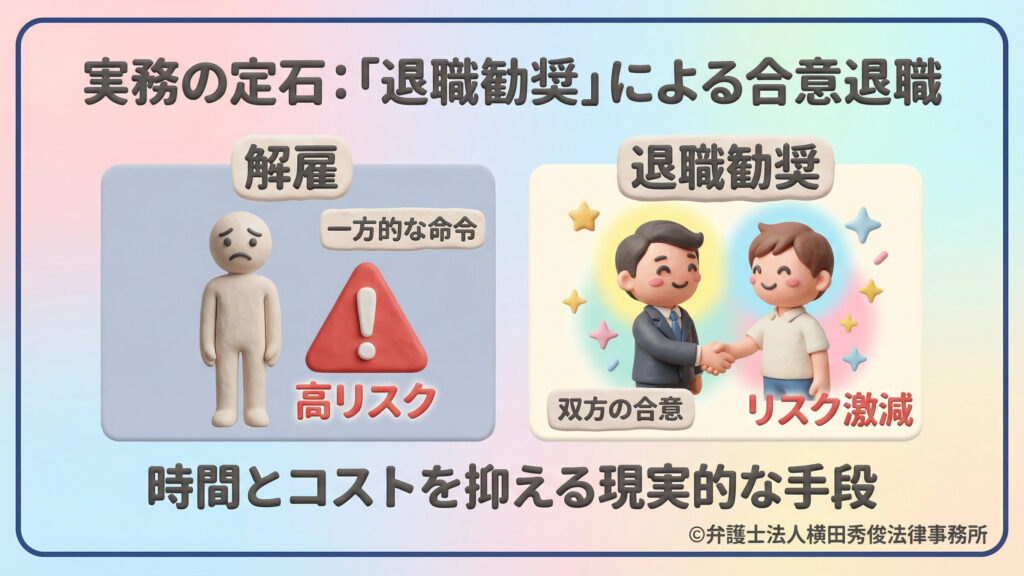 実務上の定石として「退職勧奨」による合意退職を提案。一方的な「解雇」は高リスクですが、双方の合意に基づく「退職勧奨」はリスクを激減させ、時間とコストを抑える現実的な手段であることを、握手するイラストで視覚的に比較しています。
