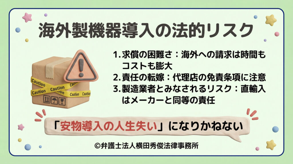 海外製機器導入の法的リスク。海外への求償の困難さや、直輸入した場合はサロンが製造業者と同等の責任を負うリスクを指摘。「安物導入が人生失いになりかねない」と警告。注意喚起の箱のイラスト。