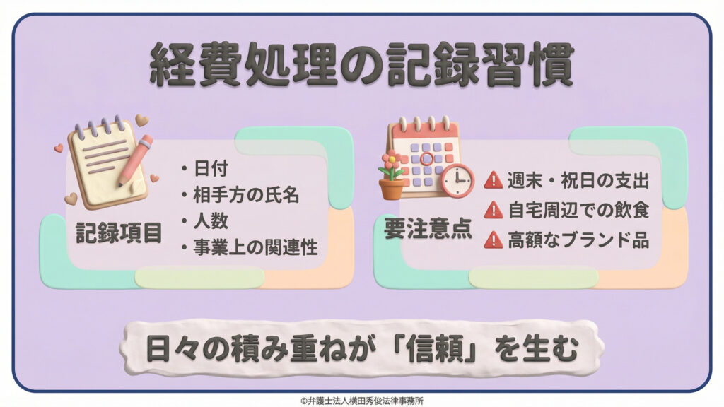 日々の記録項目の詳細と、税務上の要注意点をまとめたスライド。記録すべき項目として、日付、相手方、人数、事業上の関連性を列挙。一方、週末・祝日の支出や自宅周辺での飲食、高額なブランド品などは疑われやすい「要注意点」として注意を促している。日々の積み重ねが税務当局からの「信頼」に繋がると結論付けている。