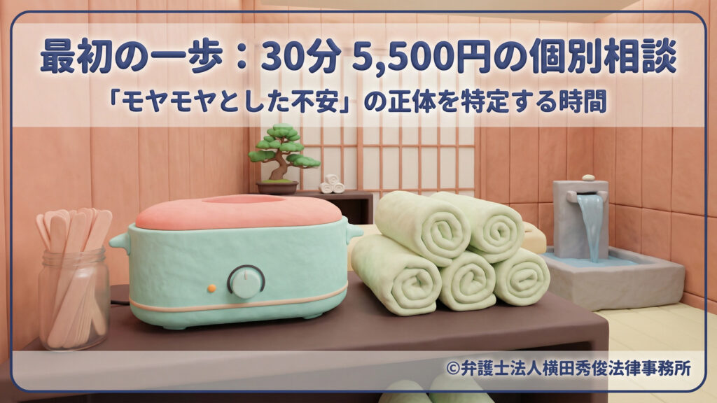 「最初の一歩:30分5,500円の個別相談」を紹介するスライド。「モヤモヤとした不安」の正体を特定する時間として提案されています。背景には、和モダンなサロンのような空間に、ワックスウォーマー、タオル、綿棒などの備品が並ぶ3Dイラストが配置され、専門的な相談を受け付ける落ち着いた雰囲気を演出しています。