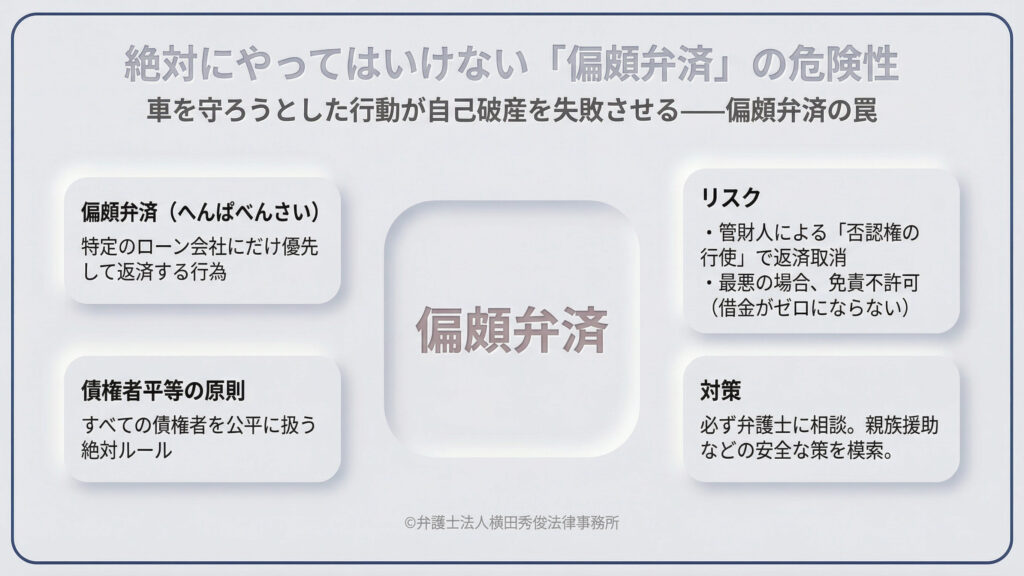 絶対にやってはいけない「偏頗弁済(へんぱべんさい)」の罠を解説。車を守るために特定のローン会社だけに優先して返済する行為は、債権者平等の原則に反します。リスクとして、管財人による返済取消や免責不許可(借金がゼロにならない)を挙げ、必ず弁護士に相談し親族援助などの安全な策を模索するよう警告しています。