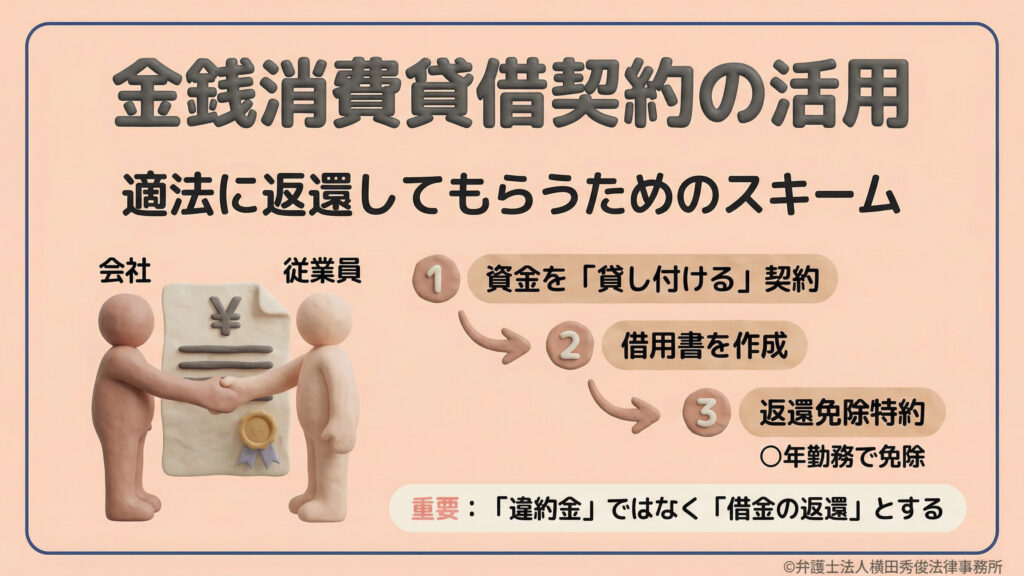 適法に返還してもらうためのスキーム。会社が従業員に資金を「貸し付ける」契約を結び、借用書を作成。一定期間の勤務で返還を免除する特約を設ける方法を紹介。ポイントは「違約金」ではなく「借金の返還」とすること。握手する人物のイラストが添えられている。