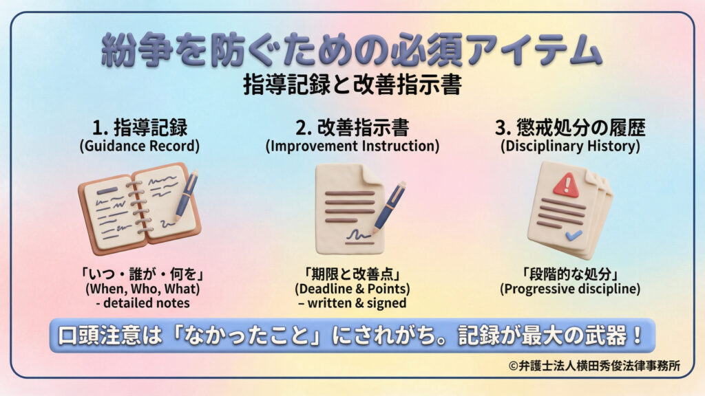 紛争を防ぐ必須アイテムとして「指導記録」「改善指示書」「懲戒処分の履歴」を紹介。「いつ・誰が・何を」の記録や、本人署名入りの書面、段階的な処分が最大の武器になると説き、口頭注意はなかったことにされがちだと注意喚起しています。