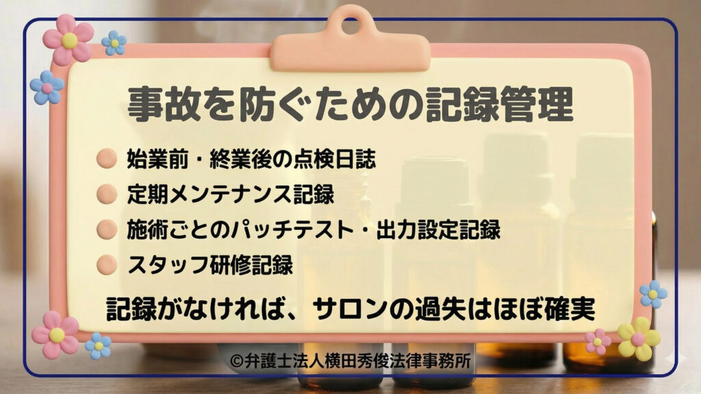事故を防ぐための記録管理。点検日誌、メンテナンス記録、パッチテスト、研修記録の重要性を説く。記録がなければサロンの過失がほぼ確実になると明記。クリップボードのイラスト。