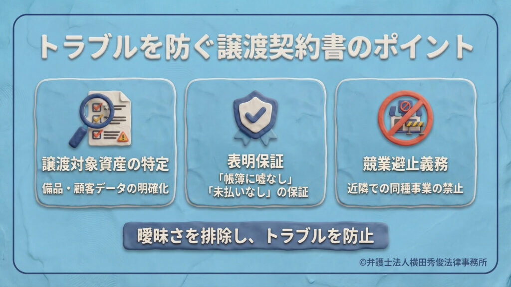 トラブルを防ぐ譲渡契約書のポイント 契約書で曖昧さを排除する3つの要素を解説。1.譲渡対象資産（備品・顧客データ）の特定、2.表明保証（帳簿や未払いの虚偽なし）、3.競業避止義務（近隣での同種事業の禁止）。それぞれ虫眼鏡、盾、禁止マークのアイコンで視覚化されている。下部には「トラブルを防止」というまとめが記載されている。