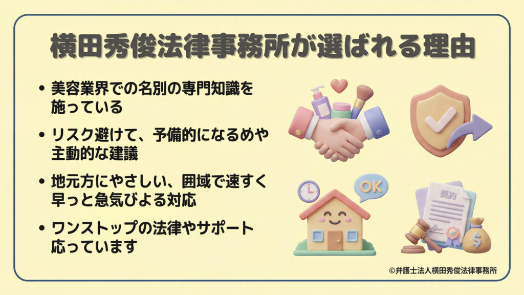 当事務所の強みを4つのポイントで紹介。美容業界に特化した専門知識、リスクを避けるだけでなく主動的な提言を行う姿勢、地元に根ざした迅速な対応、そしてワンストップの法的サポートを提供することを説明。握手や家、契約書の可愛いイラストを添えて、親しみやすさと信頼感をアピールしている。