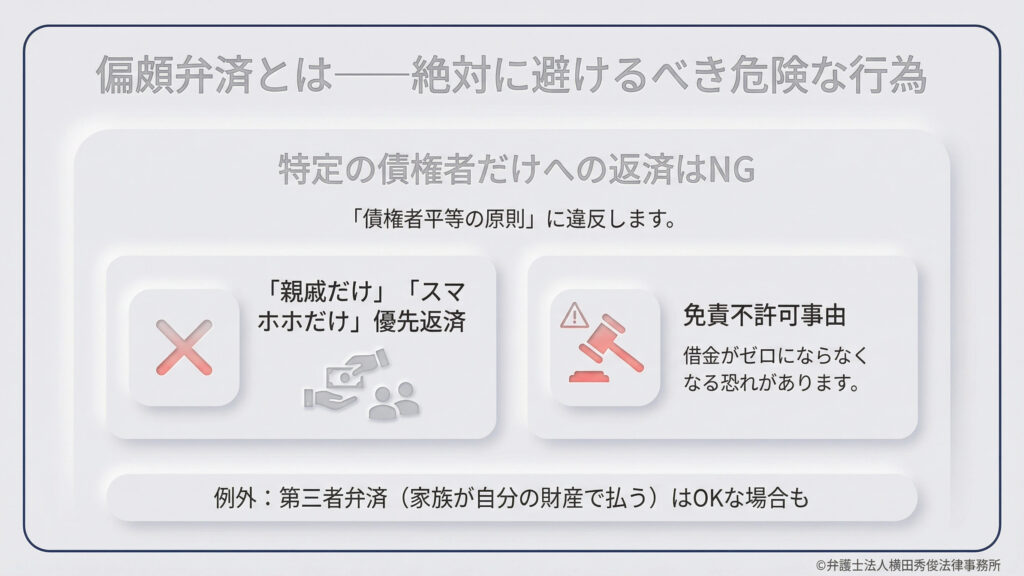 偏頗弁済を「絶対に避けるべき危険な行為」と定義し解説。特定の債権者（親戚やスマホ代など）だけ優先して返済することは「債権者平等の原則」に反し、免責不許可事由（借金がゼロにならない）になる恐れを警告。例外として家族が自分の財産で払う「第三者弁済」は可能な場合があると紹介。